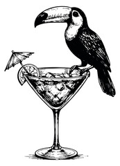 Obraz premium Hand drawn line art illustration of a toucan depicting a tropical bird perching on a cocktail glass for a summer vacation