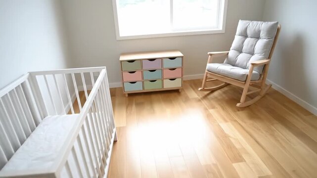 A bright, empty room transforms into a cozy baby nursery. Essential furniture like a crib and rocking chair are added.