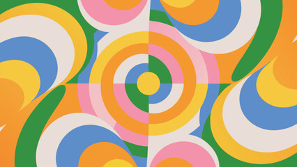 Vibrant abstract background with colorful concentric circles and swirling patterns in green blue pink orange and yellow hues for creative designs