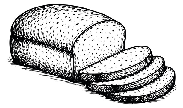 Hand drawn line art illustration of a loaf of bread depicting partially sliced pieces for baking and food concepts