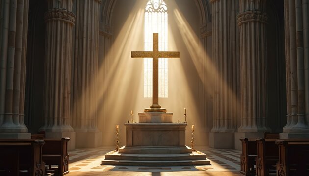Golden cross stands on altar inside grand church nave. Sun rays pierce through large arched window, illuminating stone columns and pews. Religious worship space offers sacred atmosphere.