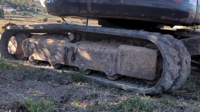 Caterpillar track of a mini backhoe loader filled with dirt moving backwards.