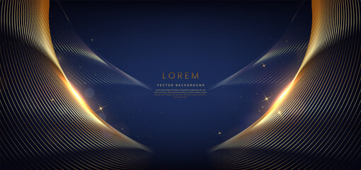 Abstract elegant dark blue background with golden curved line and lighting effect. Luxury template celebration award design.