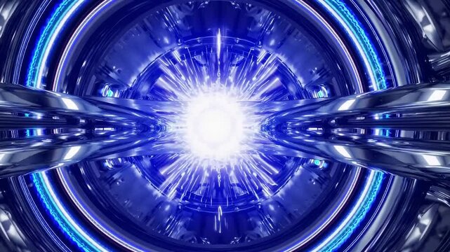 Metallic engine core with pulsing blue center, concentric chrome rings and reflective surfaces, energy ignition and precise mechanical symmetry for industrial and scifi visualizations