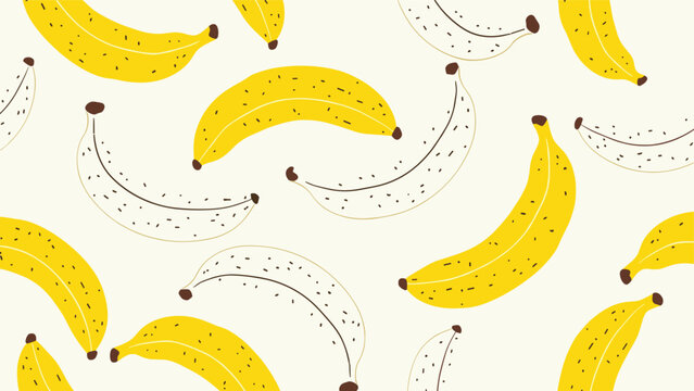 Playful seamless pattern featuring bright yellow bananas and minimalist outline drawings of bananas for fun surface design and textiles.