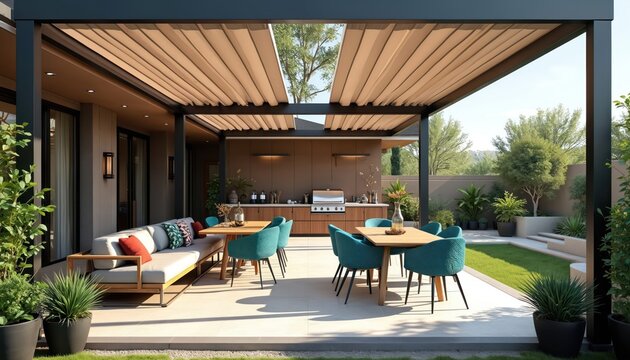 Modern patio features pergola shade dining table and outdoor kitchen with grill. Comfortable seating area with sofa and chairs overlooks green lawn and rich garden plants.