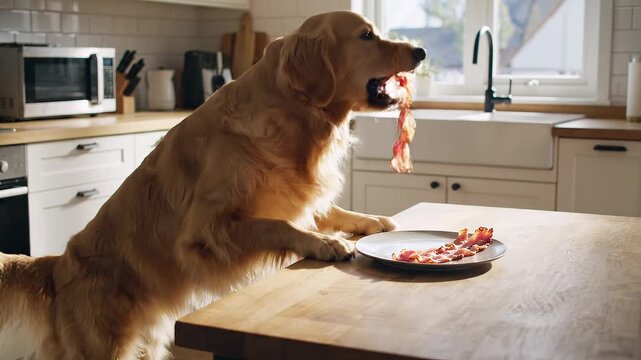 Large dog stealing bacon from the kitchen table, mp4 video. AI