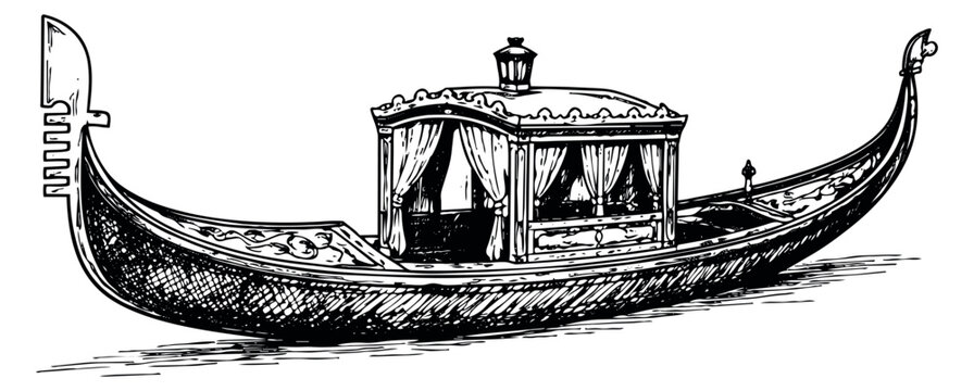 Hand drawn line art illustration of a Venetian gondola depicting a traditional design with a covered passenger cabin for travel and romantic themes