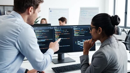 Two developers analyze code and 3D model on monitor in modern office. Scene depicts teamwork and technology suitable for business concepts. - Powered by Adobe