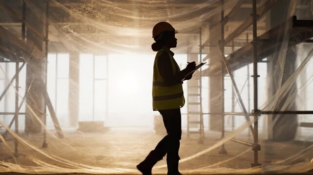 Silhouette of female construction worker with clipboard inspecting site. Industrial scene with plastic sheeting and scaffolding creates focused atmosphere for engineering concepts.