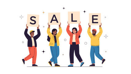 Fototapeta premium Promotional illustration of a diverse group of four people holding up individual signs that spell out the word Sale.