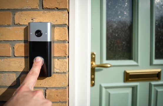 Person presses button on modern smart doorbell camera. Visitor uses device to alert residents. Doorbell has integrated video and audio for home.