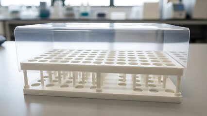 A plastic laboratory rack with multiple test tube holes on a white table in a lab setting.