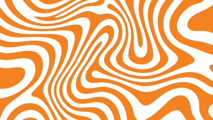 Vibrant groovy 1960s style pattern with thick undulating orange and white swirling lines on abstract background