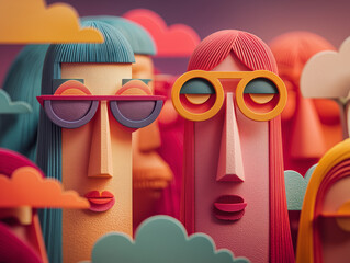 Close up of colorful 3D papercraft style characters with glasses and layered textures