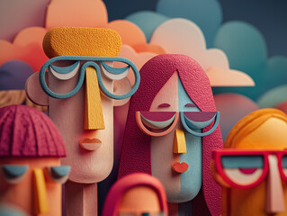 Close up of colorful 3D papercraft style characters with glasses and layered textures