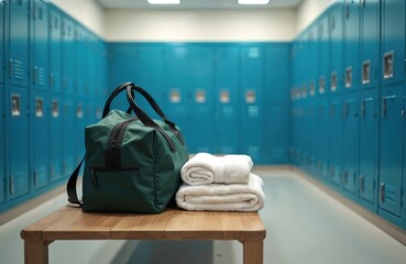 Clean gym locker room with blue lockers and wooden bench. Green duffel bag and folded white towels rest on bench, ready for workout. This orderly space suggests preparation for fitness activity.