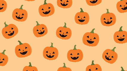 Fototapeta premium Playful pattern featuring numerous carved jack-o-lantern pumpkins with various expressions on a warm orange background.