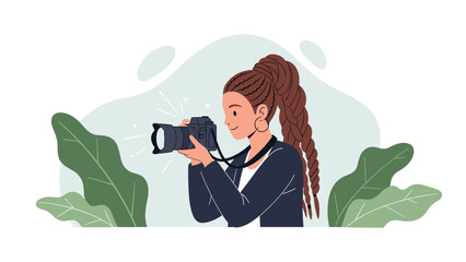 Creative young woman with long braids capturing a moment with her professional camera against a soft nature backdrop.