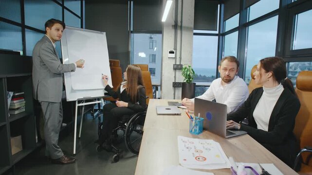 A team discusses ideas in a well-lit office. One member uses a wheelchair while others take notes and share insights. They engage with a whiteboard.