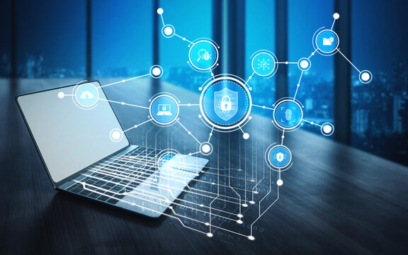 A sleek laptop on a desk features cybersecurity and data protection icons, symbolizing digital innovation and secure technology in a high-tech office setting. Tessel - Powered by Adobe