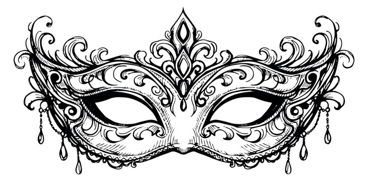 Hand drawn line art illustration of a venetian masquerade mask depicting elaborate scrollwork for carnival celebrations