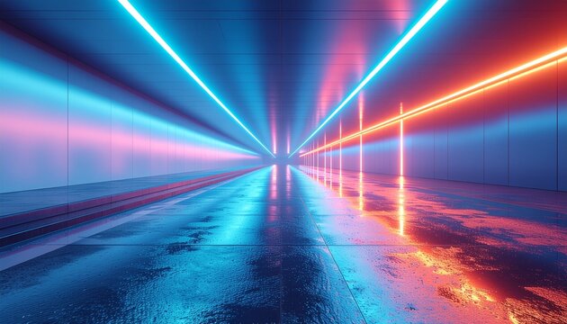 Vibrant neon lights illuminate futuristic tunnel with sleek reflective floor - Powered by Adobe