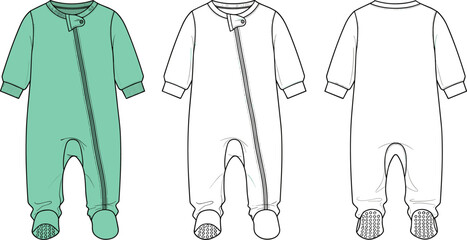 Baby footed jumpsuit technical fashion illustration, front and back view, zipper closure design, vector flat sketch, mint green color, infant sleepwear apparel template. © Pu's World