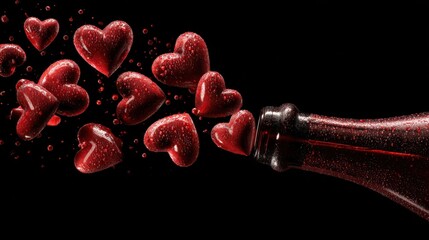 Champagne bottle releases red heart shapes for Valentine romance and celebration