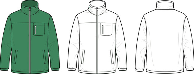 Men's fleece jacket technical flat sketch vector illustration, green zip up outerwear, front and back views, stand collar, chest pocket detail, fashion design template. © Pu's World
