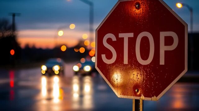 A close-up, nocturnal still scene features a bright red, octagonal stop sign prominently in the foreground, angled slightly to the right.