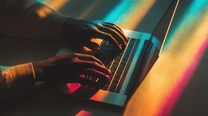 Typing on a laptop under rainbow light creates a colorful focused work moment