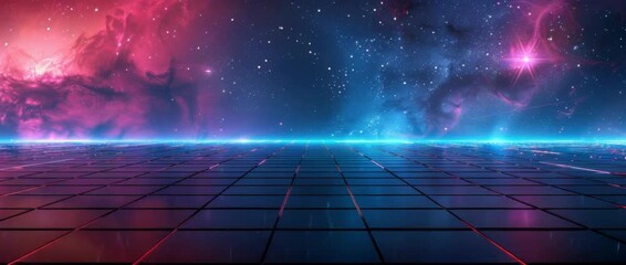 A vibrant retro-futuristic grid stretches towards a glowing cosmic horizon. Neon lights illuminate the path under a stunning starry nebula sky. - Powered by Adobe