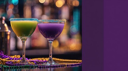 Vibrant mardi gras cocktails with colored sugar rims and beads