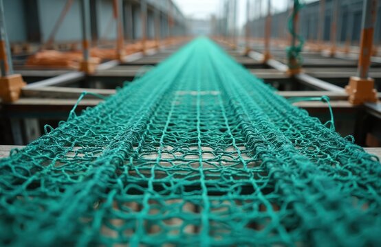 Green safety net laid across scaffolding on construction site. Building materials and structure visible in background. High angle view shows protective mesh for worker safety.