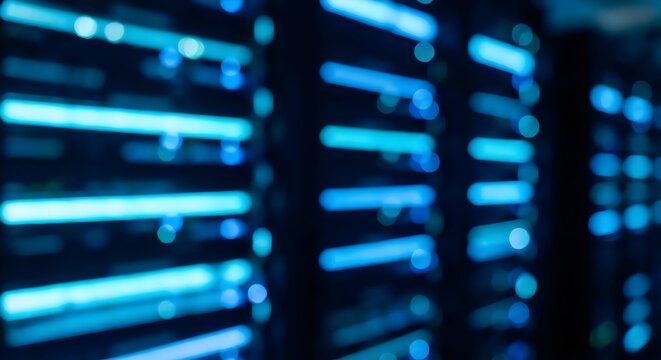 Close-up abstract view of server indicator lights blurred slightly for depth. - Powered by Adobe