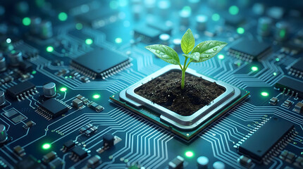 Sustainable Electronics Concept with Green Sprout on CPU