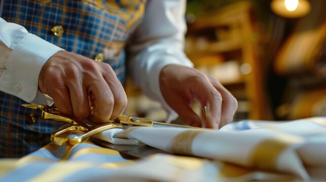 Tailor cutting fabric