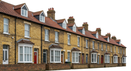 Traditional British yellow brick terraced houses, terracotta roofs, white windows, gabled porches, soft studio light, transparent background, architectural study concept