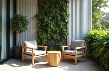 Fototapeta premium Two wooden chairs with cushions and a small table sit on a balcony with a garden wall. Green plants surround the outdoor seating area. Relaxing space for two.