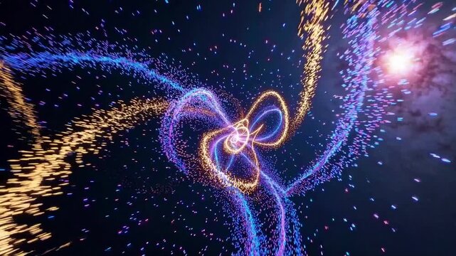 luminous particle spirals dancing in deep space forming graceful loops and glowing trails, glittering stardust and nebula backlight flowing motion, vibrant color contrast and celestial choreography