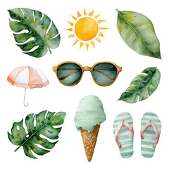 Summer Essentials: A vibrant collection of hand-painted summer essentials, featuring sunglasses, a refreshing ice cream cone, a sunny umbrella, leafy green foliage, bright sun and beach sandals