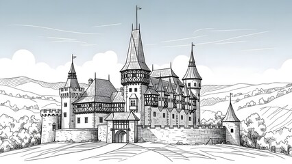 Obraz premium Hand-drawn medieval castle illustration with detailed architecture