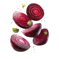 Artistic Beetroot Slices: A captivating arrangement of sliced beetroot and a hint of fresh green leaves, presenting a symphony of textures and vibrant colors.