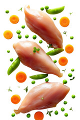 Culinary Composition: A vibrant arrangement of fresh, raw chicken breasts, peas, and carrot slices, artfully displayed, embodies the essence of wholesome ingredients.