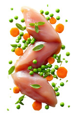 Culinary Fusion: A vibrant composition of fresh, raw chicken breast fillets artfully arranged with garden-fresh peas, carrot slices, and fragrant herb leaves, evoking a sense of culinary inspiration.