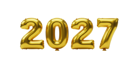 Golden 3D balloon numbers '2027' on reflective white, crisp reflections, white studio background, copy space. '7' forming, new year transition atmosphere