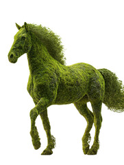 Emerald Horse Statue: A majestic sculpture of a horse, entirely composed of vibrant green foliage, stands proudly in a field, exuding a sense of natural grace and artistic wonder.