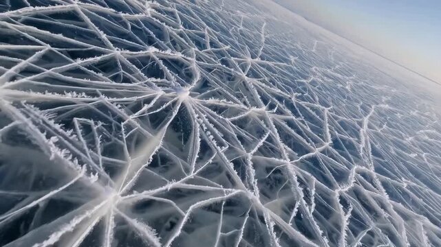 Frozen lake artwork, Intricate frost designs on quiet frozen lake surface beneath pale blue atmosphere, Detailed starburst frost patterns adorn serene and remote arctic winter landscape