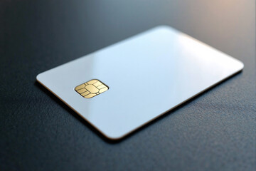 Blank white plastic credit card with gold electronic chip lying on a dark blue textured surface representing banking finance and cashless payment security concept